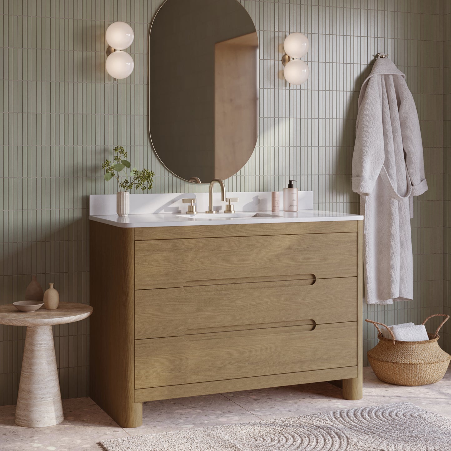 Oslo 48" Modern Oak Single Bathroom Vanity | White Quartz Countertop
