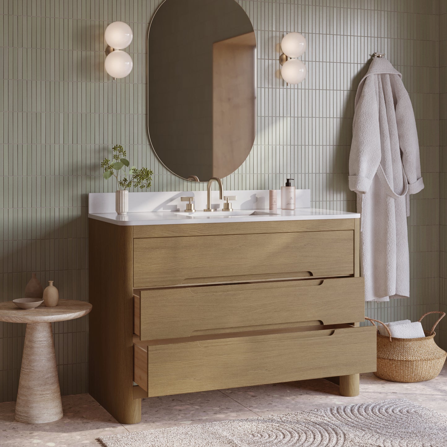 Oslo 48" Modern Oak Single Bathroom Vanity | White Quartz Countertop