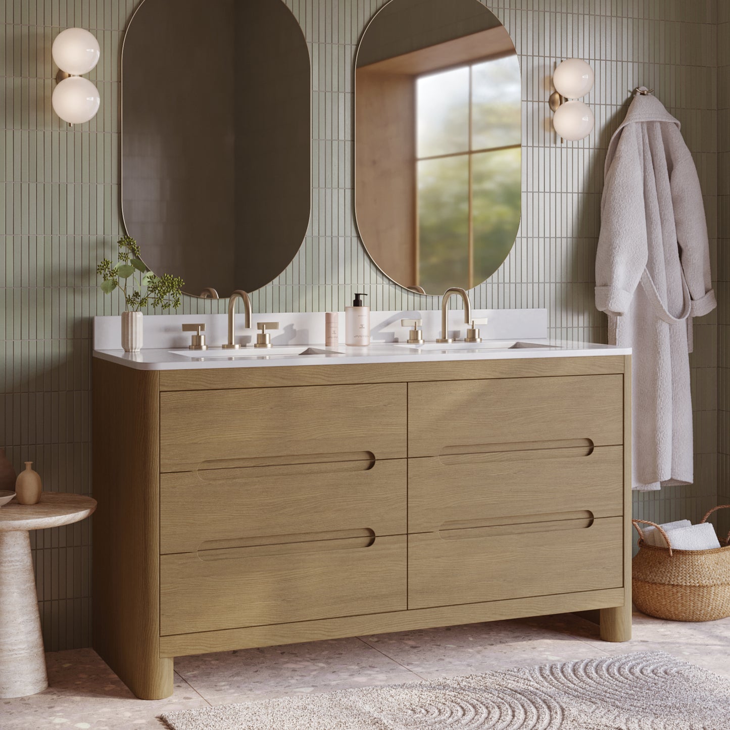 Oslo 60" Modern Oak Double Bathroom Vanity | White Quartz Countertop