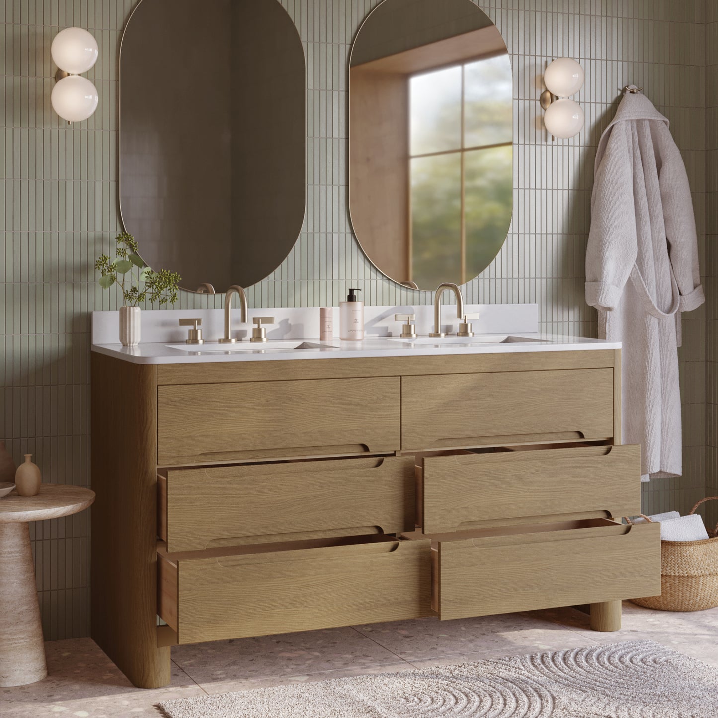 Oslo 60" Modern Oak Double Bathroom Vanity | White Quartz Countertop