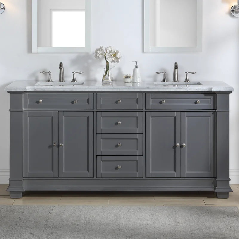 Siena 72" Traditional Double Bathroom Vanity | Carrara Marble Top in Grey