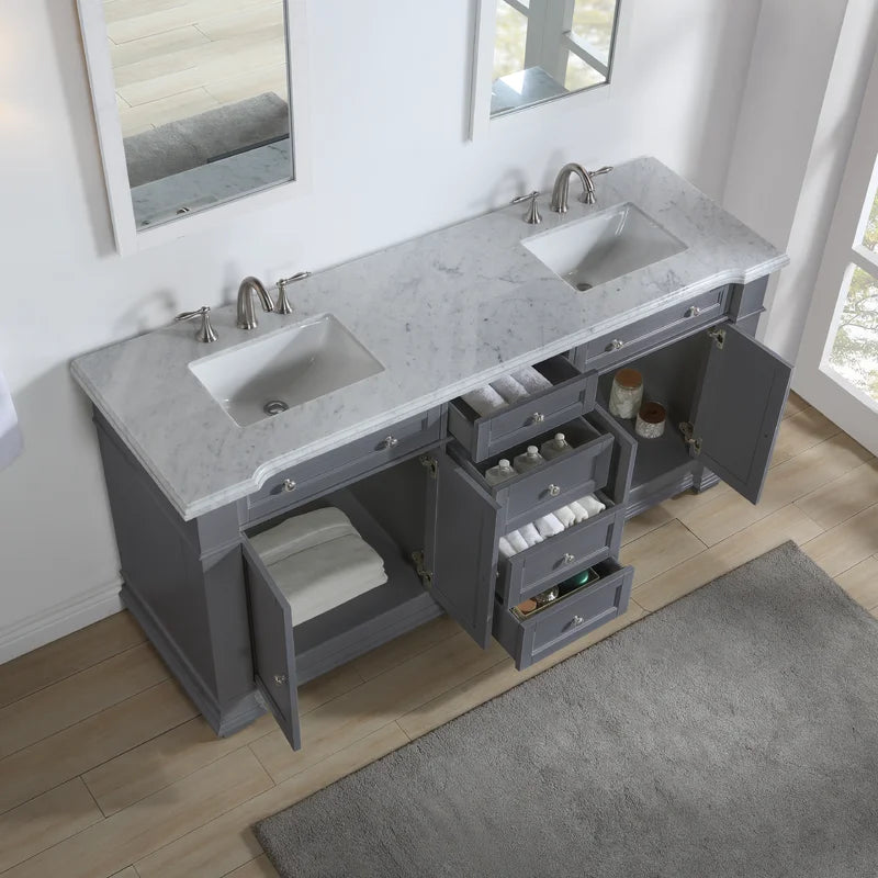 Siena 72" Traditional Double Bathroom Vanity | Carrara Marble Top in Grey