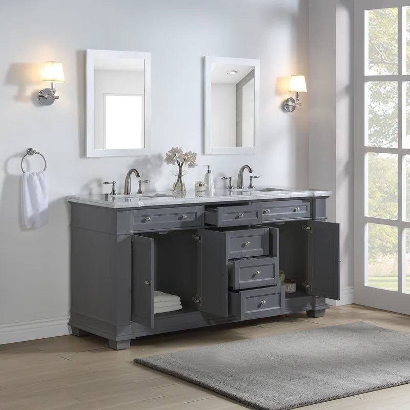 Siena 72" Traditional Double Bathroom Vanity | Carrara Marble Top in Grey