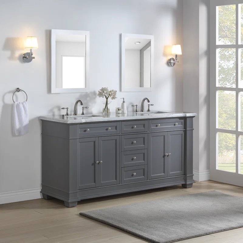 Siena 72" Traditional Double Bathroom Vanity | Carrara Marble Top in Grey
