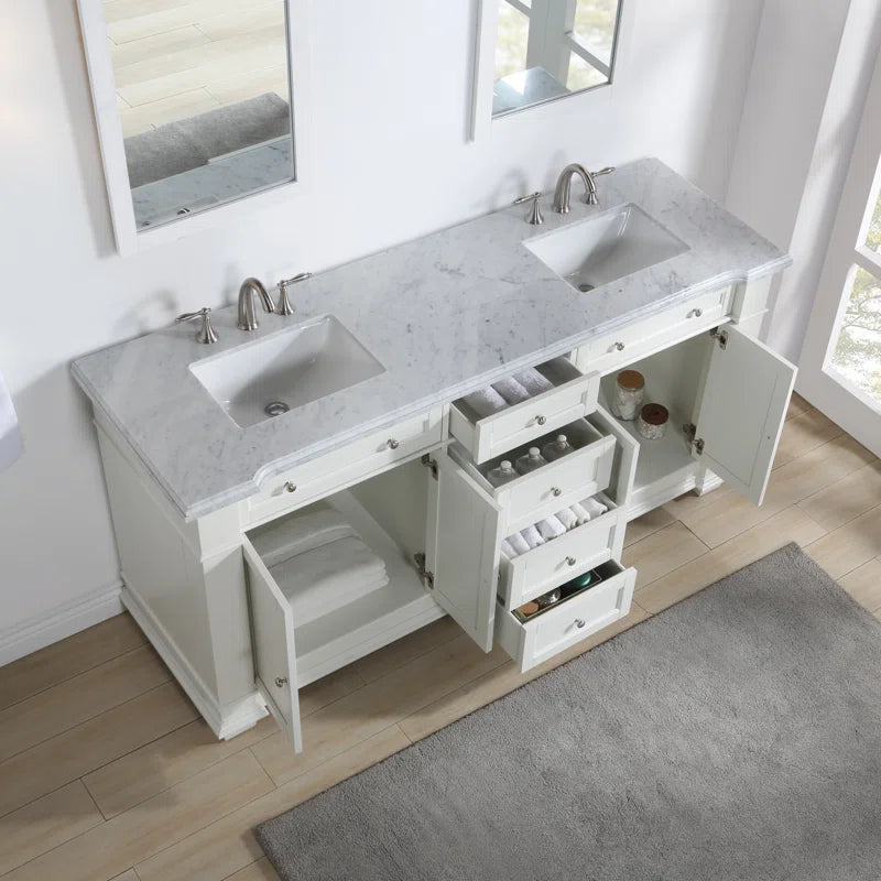 Siena 72" Traditional Double Bathroom Vanity | Carrara Marble Top In White