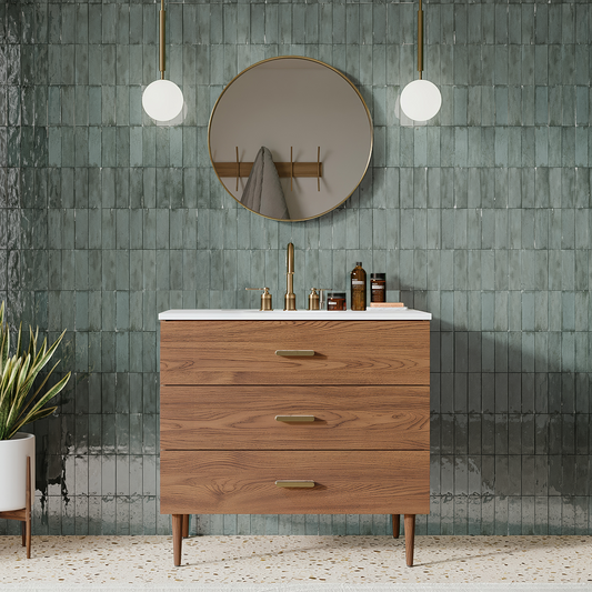 Stockholm 36" Single Bathroom Vanity in Natural Walnut | Quartz Countertop