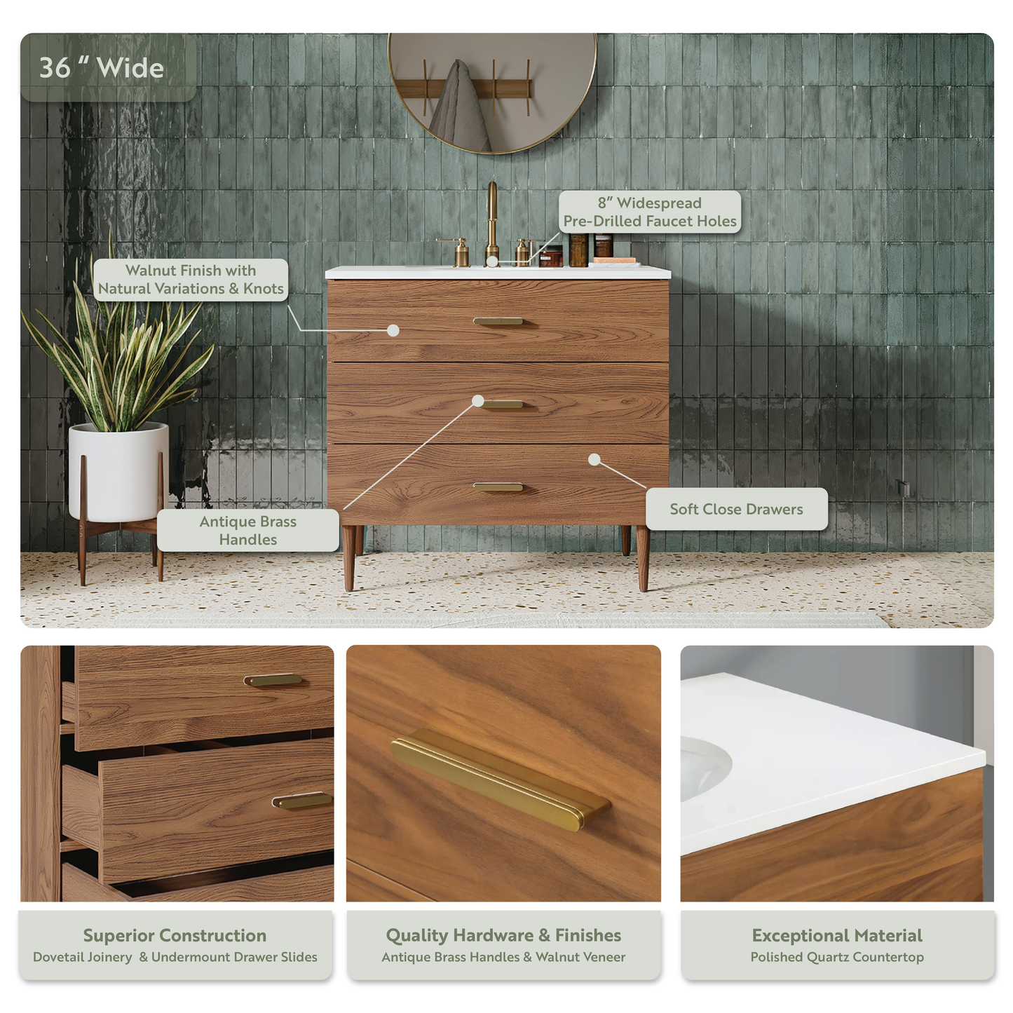 Stockholm 36" Single Bathroom Vanity in Natural Walnut | Quartz Countertop