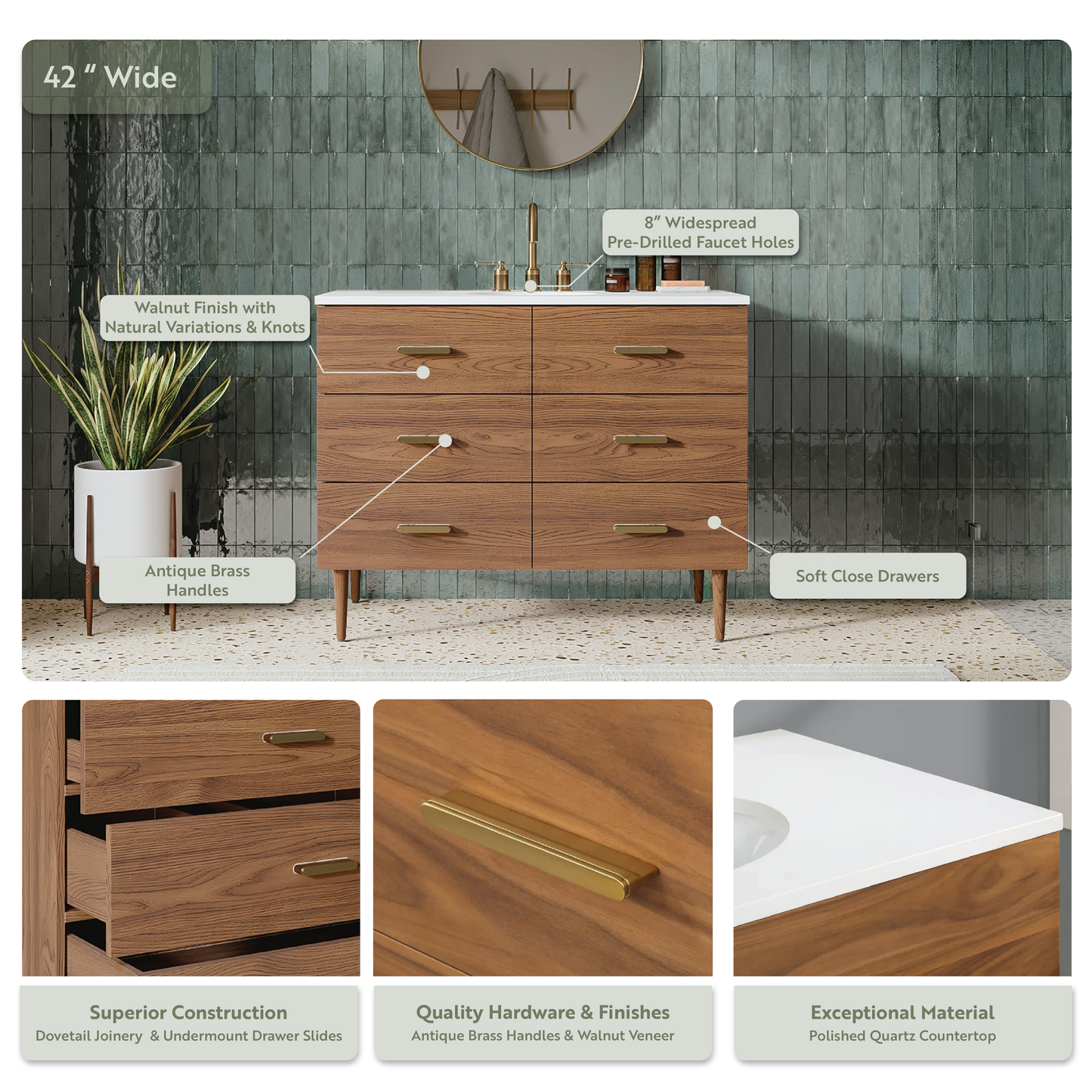 Stockholm 42" Single Bathroom Vanity in Natural Walnut | Quartz Countertop