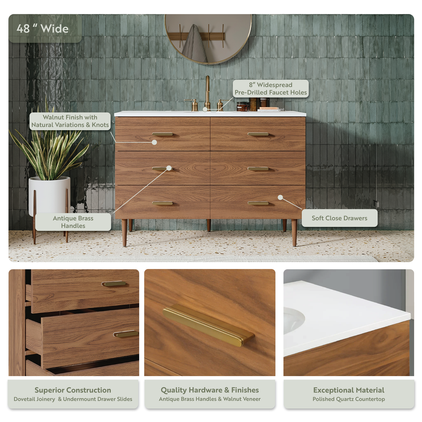 Stockholm 48" Single Bathroom Vanity in Natural Walnut | Quartz Countertop