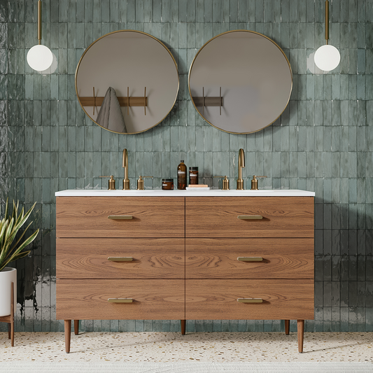 Stockholm 54" Double Bathroom Vanity in Natural Walnut | Quartz Countertop