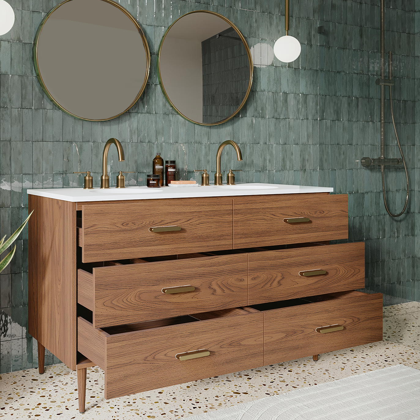 Stockholm 54" Double Bathroom Vanity in Natural Walnut | Quartz Countertop