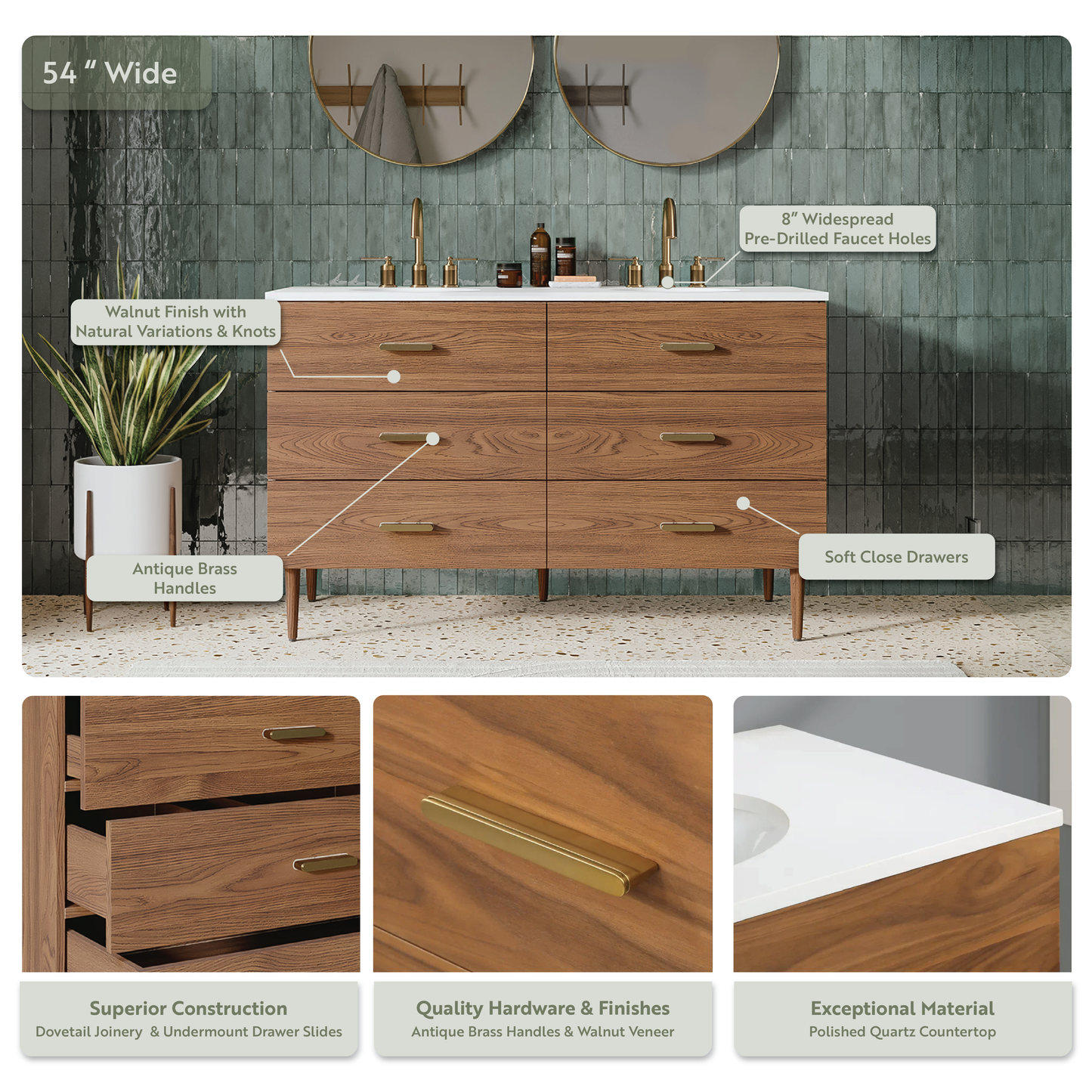 Stockholm 54" Double Bathroom Vanity in Natural Walnut | Quartz Countertop