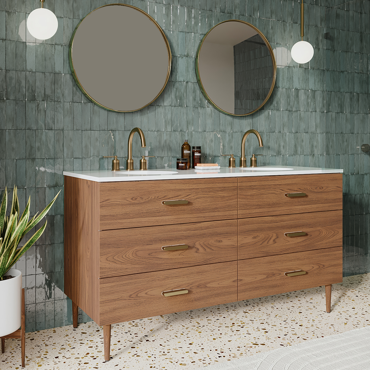 Stockholm 60" Double Bathroom Vanity in Natural Walnut | Quartz Countertop