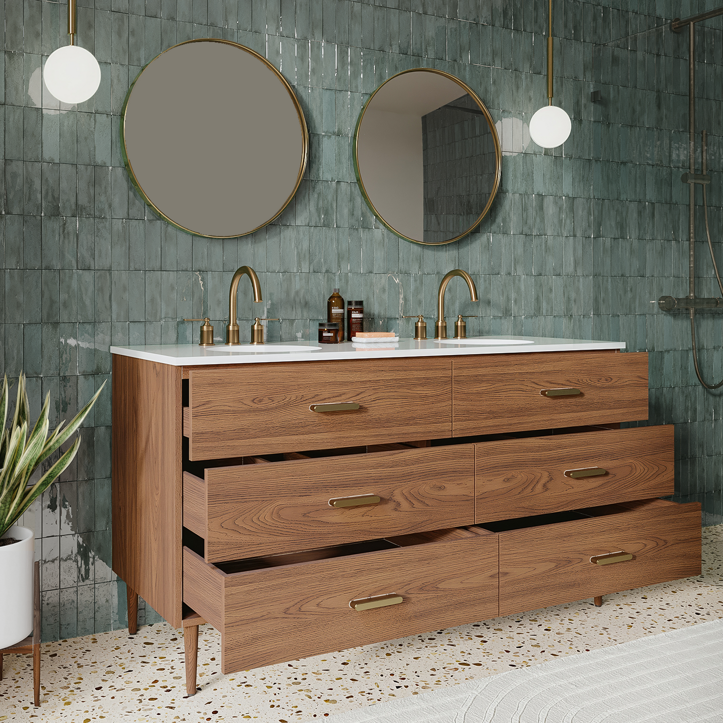 Stockholm 60" Double Bathroom Vanity in Natural Walnut | Quartz Countertop