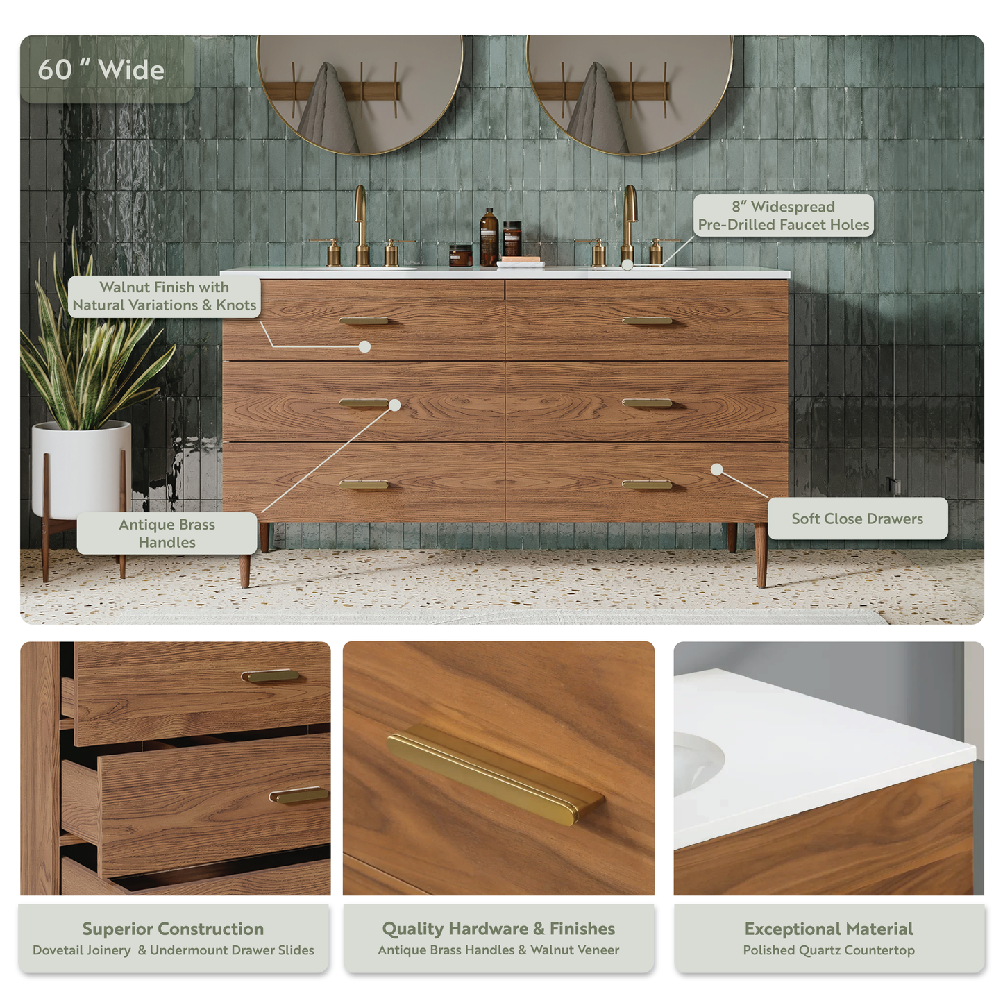 Stockholm 60" Double Bathroom Vanity in Natural Walnut | Quartz Countertop