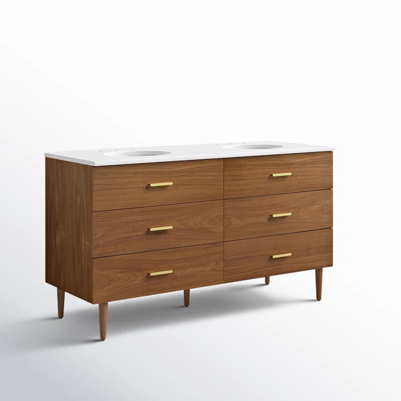 Stockholm 60" Double Bathroom Vanity in Natural Walnut | Quartz Countertop