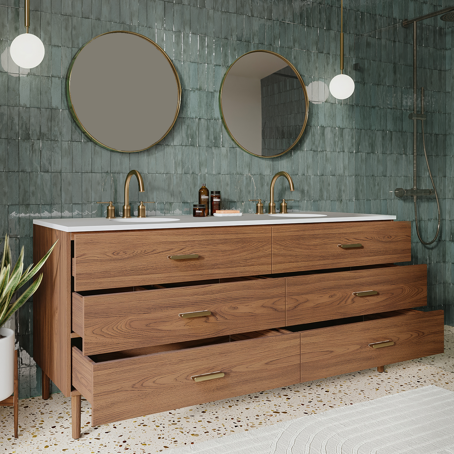 Stockholm 72" Double Bathroom Vanity in Natural Walnut | Quartz Countertop