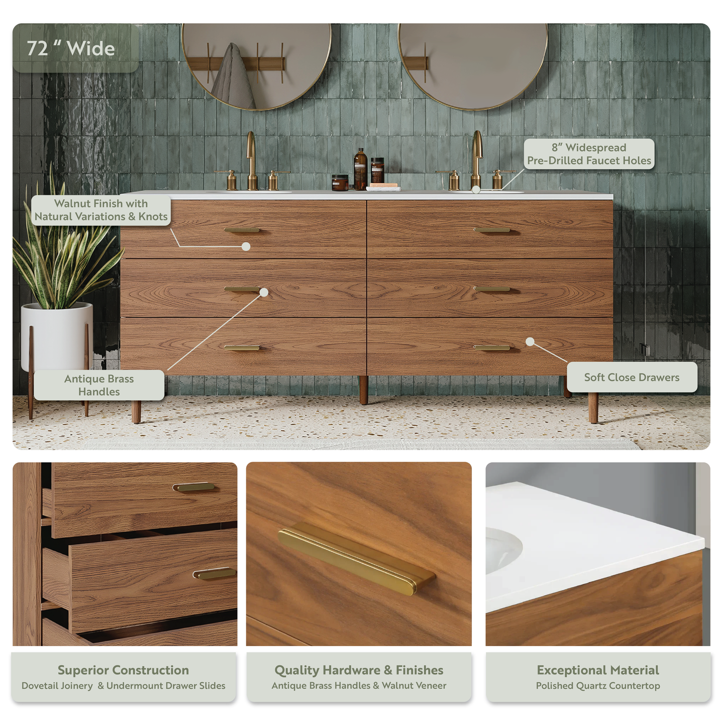 Stockholm 72" Double Bathroom Vanity in Natural Walnut | Quartz Countertop