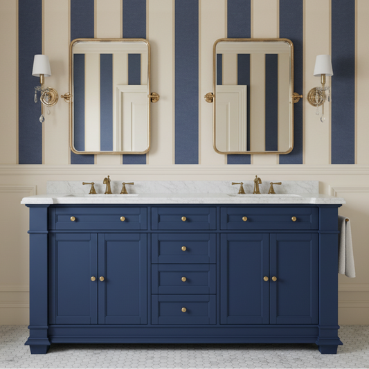 Siena 72" Traditional Double Bathroom Vanity | Carrara Marble Top In Navy