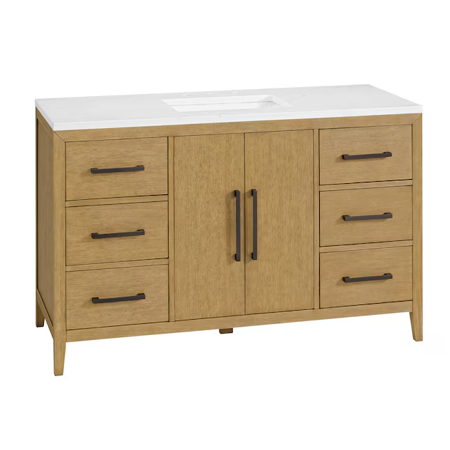 Bergen 54" Wire-brushed Light Oak Undermount Single Sink Bathroom Vanity with White Statuario Quartz Top