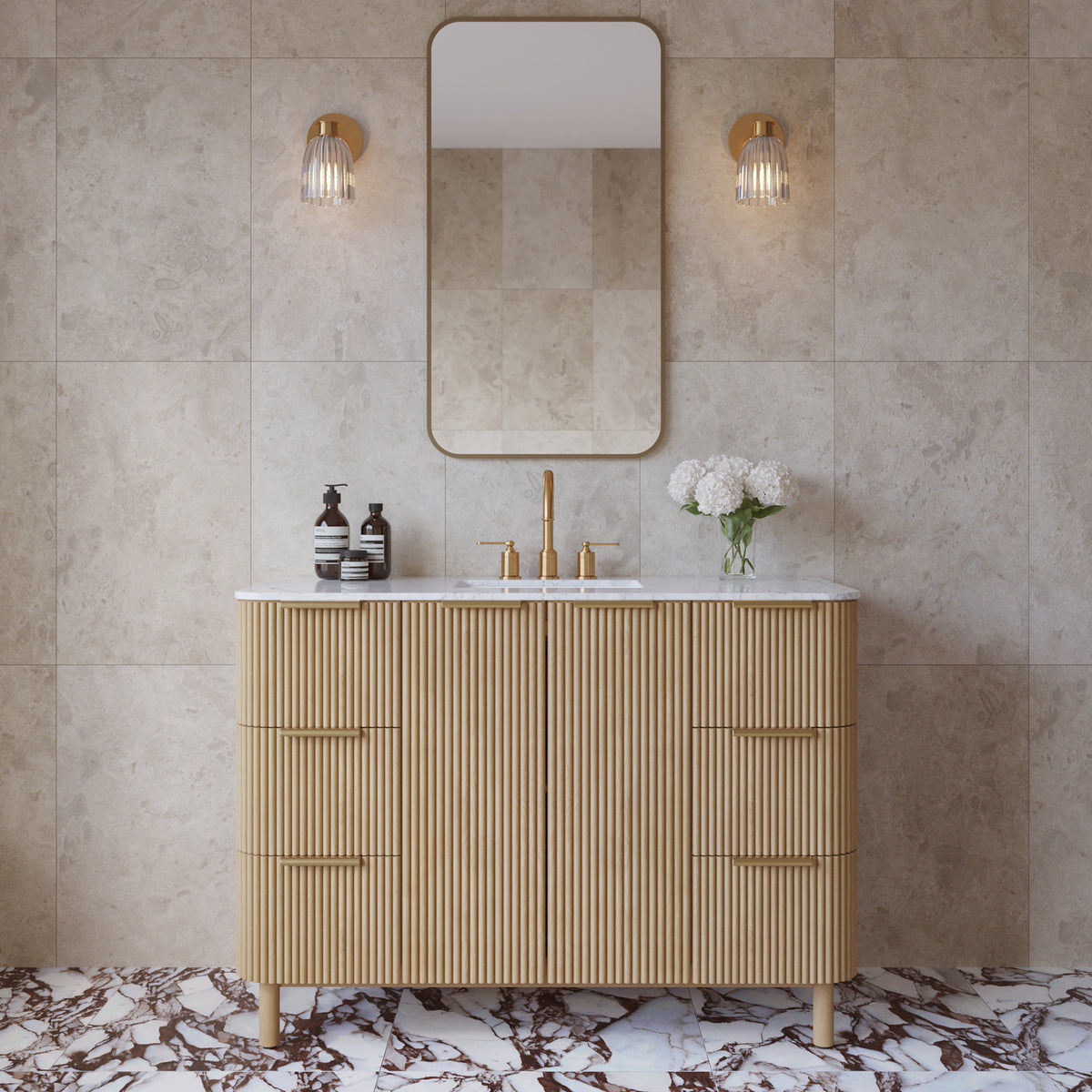 Havana 48" Single Bathroom Vanity in Nordic Reeded Birch | Calacatta Gold Quartz
