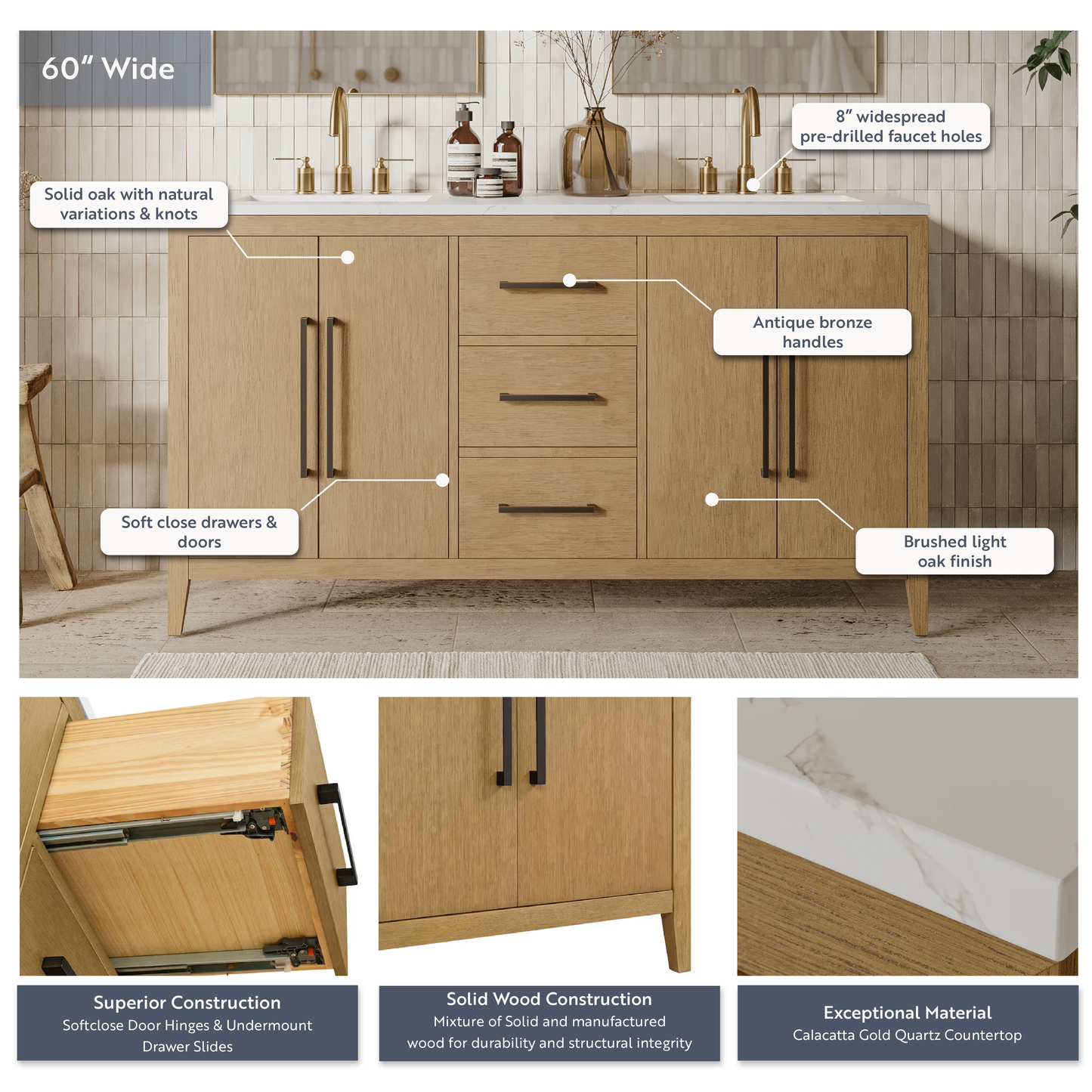 Bergen 60" Double Bathroom Vanity in Wire Brushed Oak | Calacatta Gold Quartz Countertop