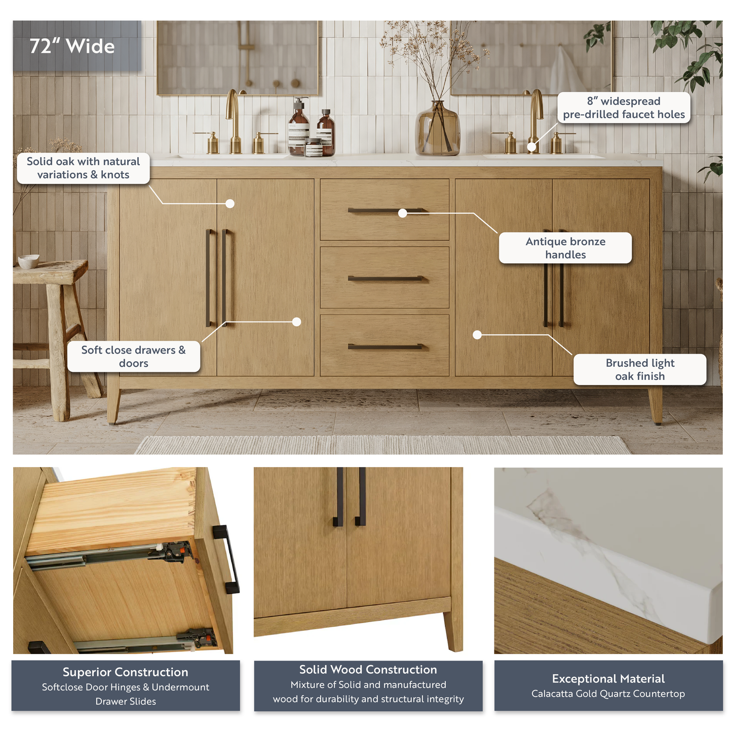 Bergen 72" Double Bathroom Vanity | Brushed Oak | Calacatta Gold Quartz