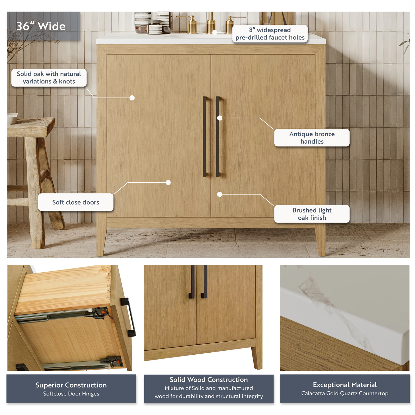 Bergen 36" Single Bathroom Vanity in Brushed Oak | Calacatta Gold Quartz Countertop