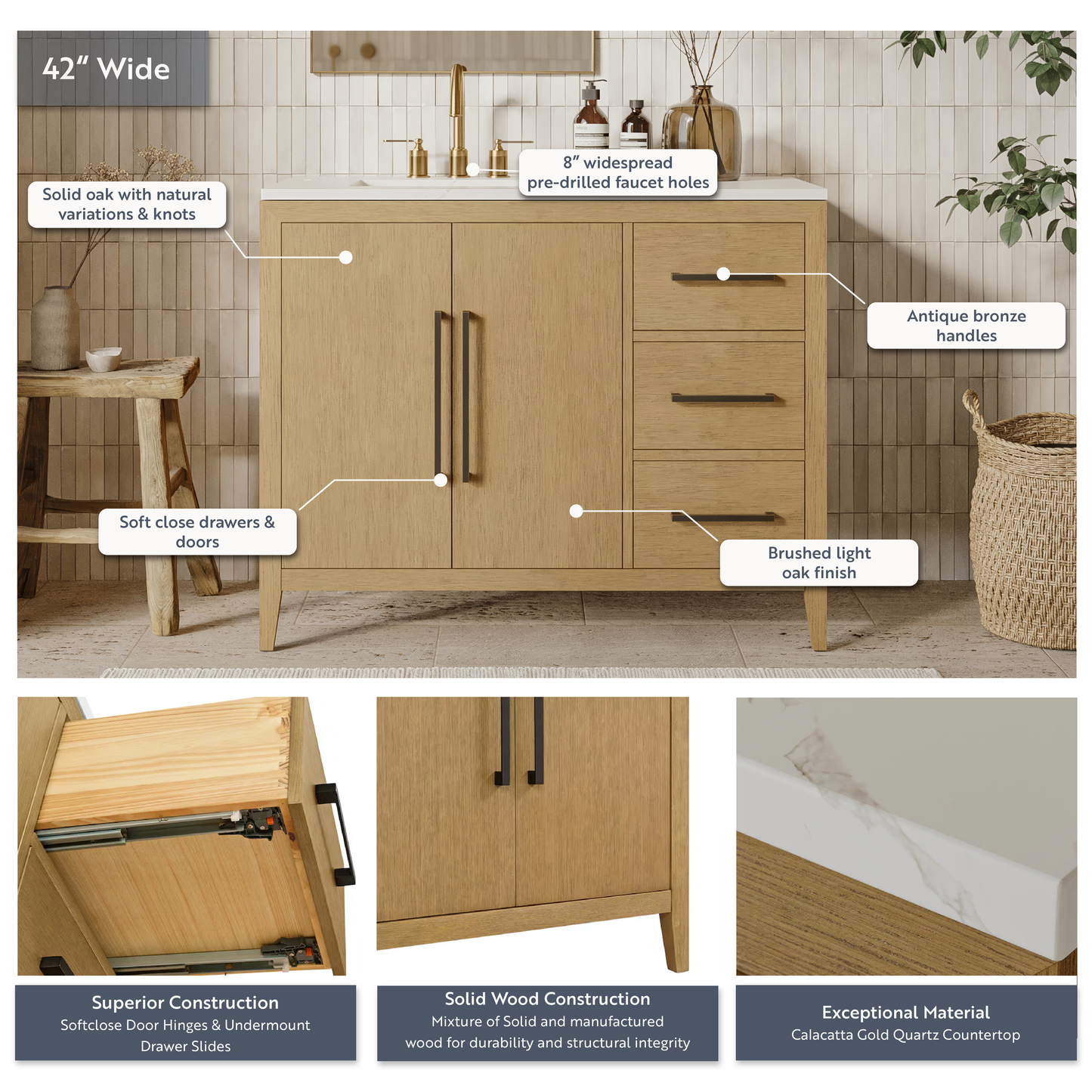 Bergen 42'' Single Bathroom Vanity | Calacatta Gold Quartz Top