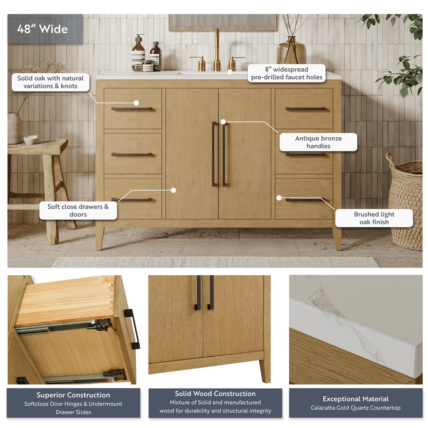 Bergen 48'' Single Bathroom Vanity | Calacatta Gold Quartz Top