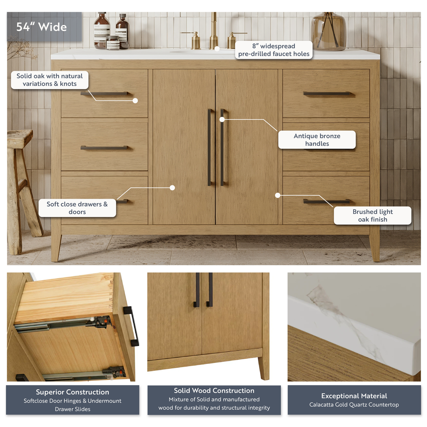 Bergen 54" Single Bathroom Vanity in Brushed Oak | Calacatta Gold Quartz Countertop