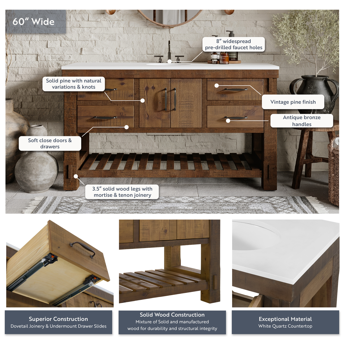 Telluride 60" Single Sink Bathroom Vanity | White Quartz Countertop
