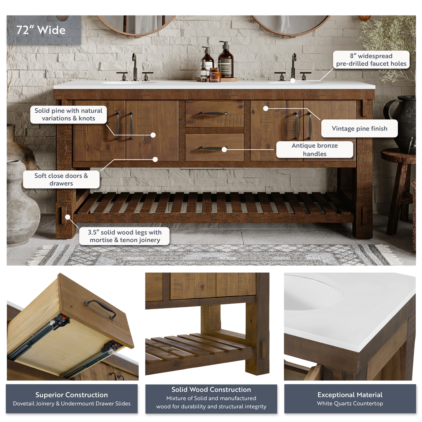 Telluride 72" Wide Double Bathroom Vanity | White Quartz Countertop
