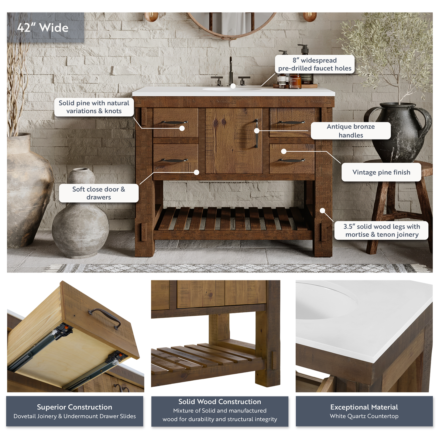 Telluride 42" Single Bathroom Vanity | White Quartz Countertop