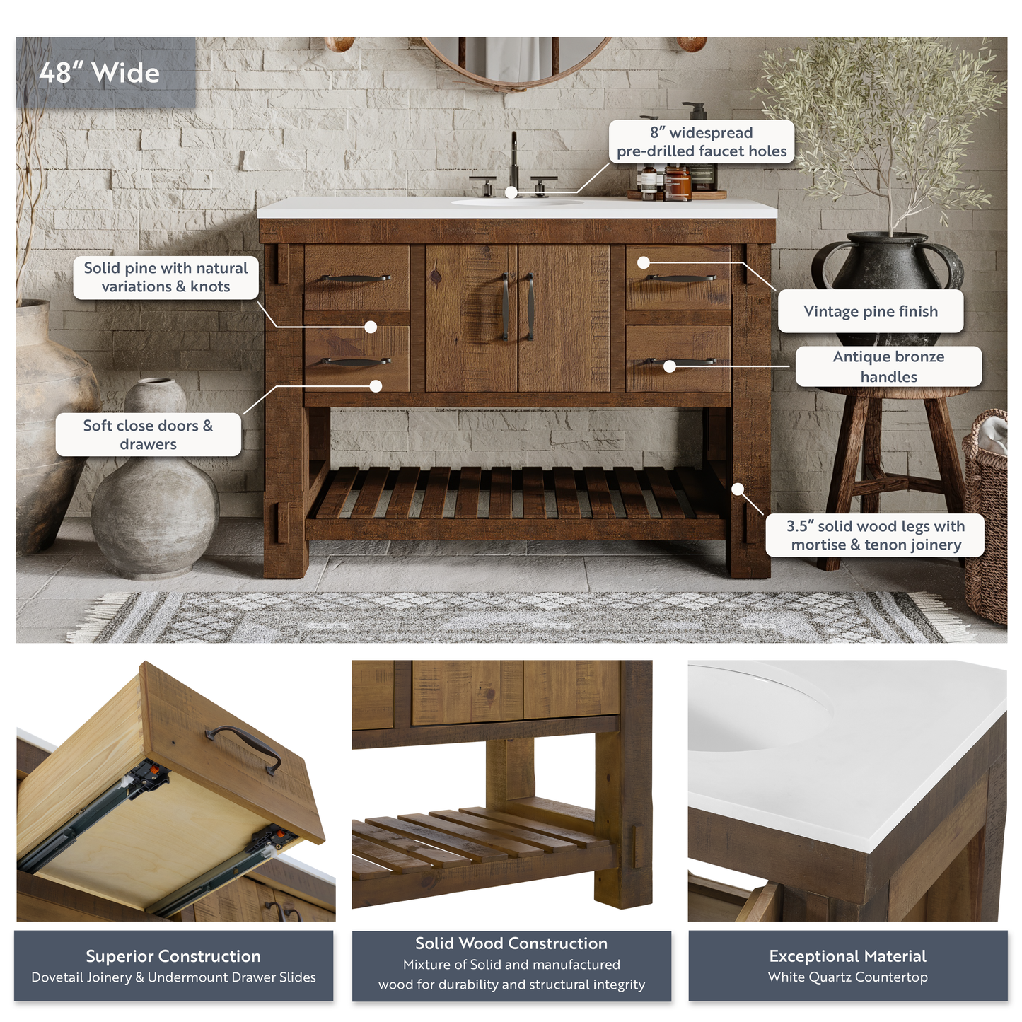 Telluride 48" Single Sink Bathroom Vanity | White Quartz Countertop