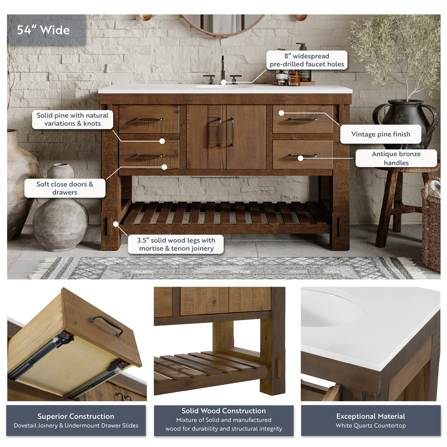 Telluride 54" Single Bathroom Vanity | Quartz Countertop