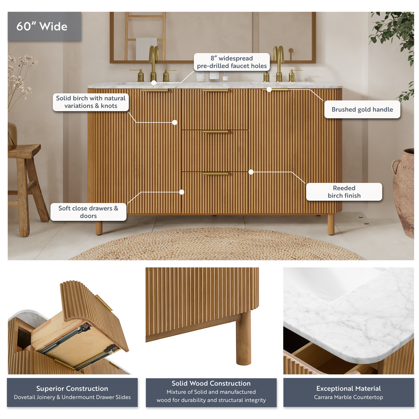 Havana 60" Double Bathroom Vanity in Reeded Birch | Carrara Marble Countertop
