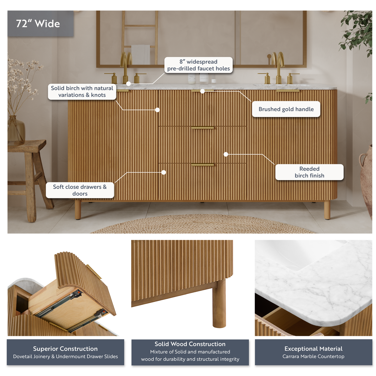 Havana 72" Double Bathroom Vanity in Reeded Birch | Carrara Marble Countertop