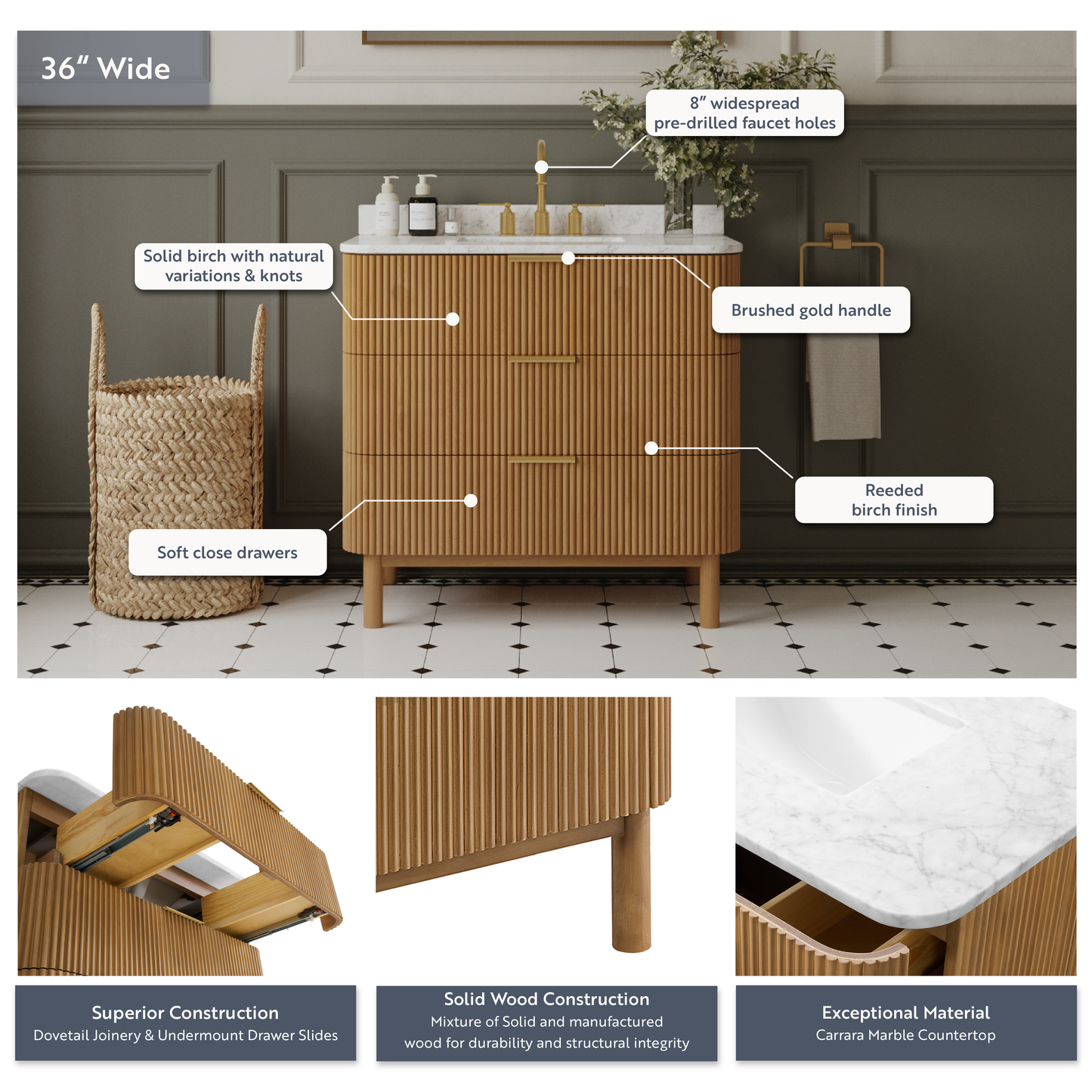 Havana 36" Single Bathroom Vanity in Reeded Birch | Carrara Marble Countertop