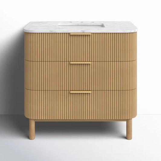 Havana 36" Width Single Bathroom Vanity in Natural Finish with Carrara Marble Top