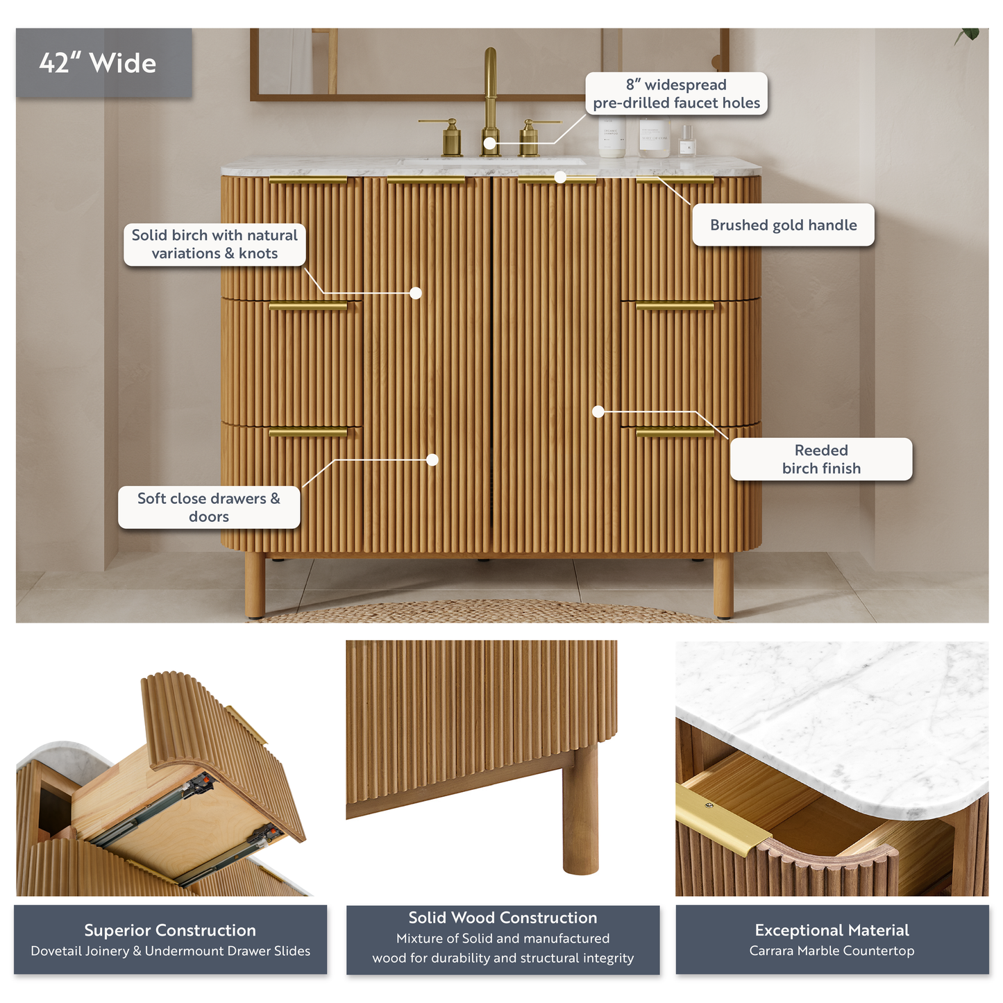 Havana 42" Single Bathroom Vanity in Reeded Birch | Carrara Marble Countertop