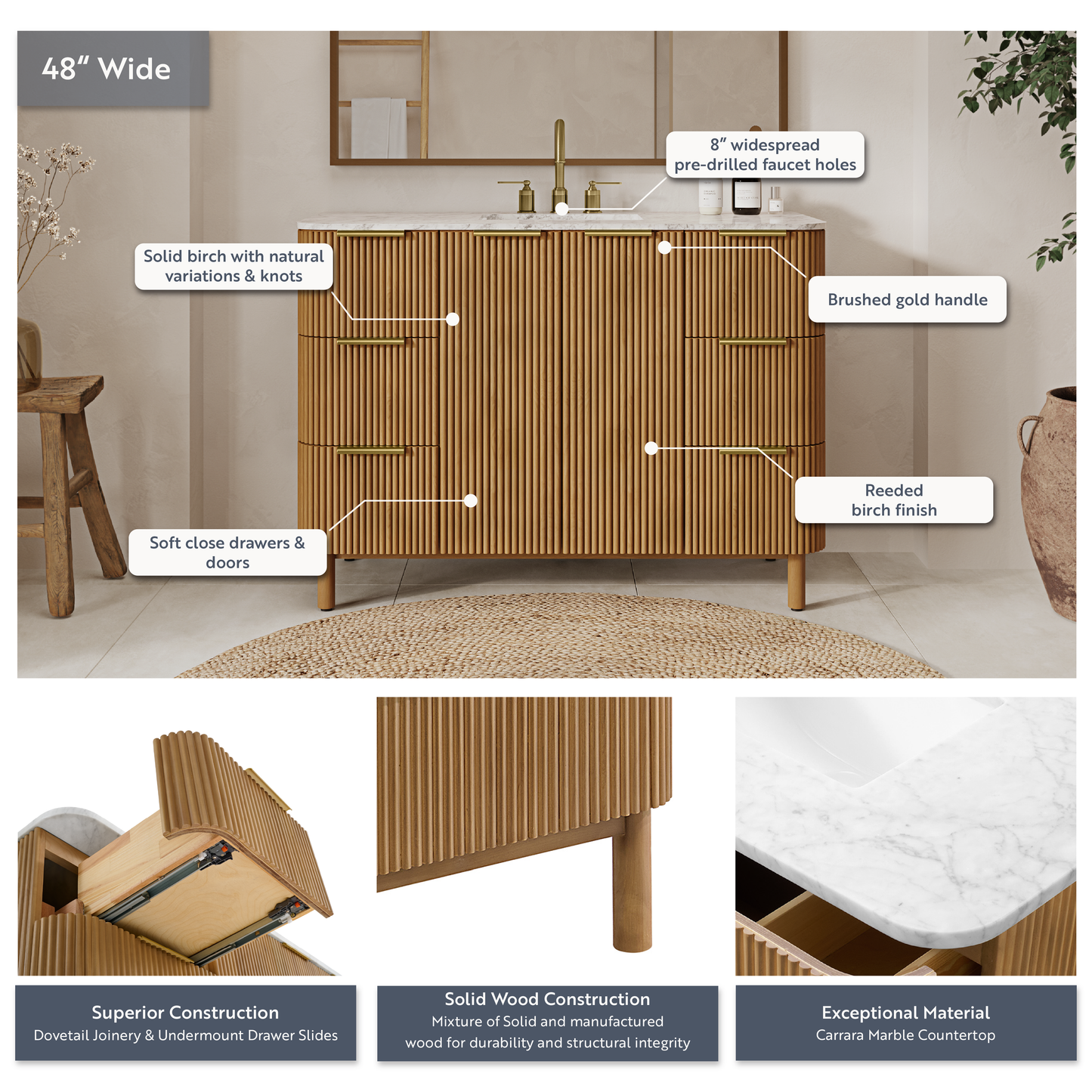 Havana 48" Single Bathroom Vanity in Reeded Birch | Carrara Marble Countertop