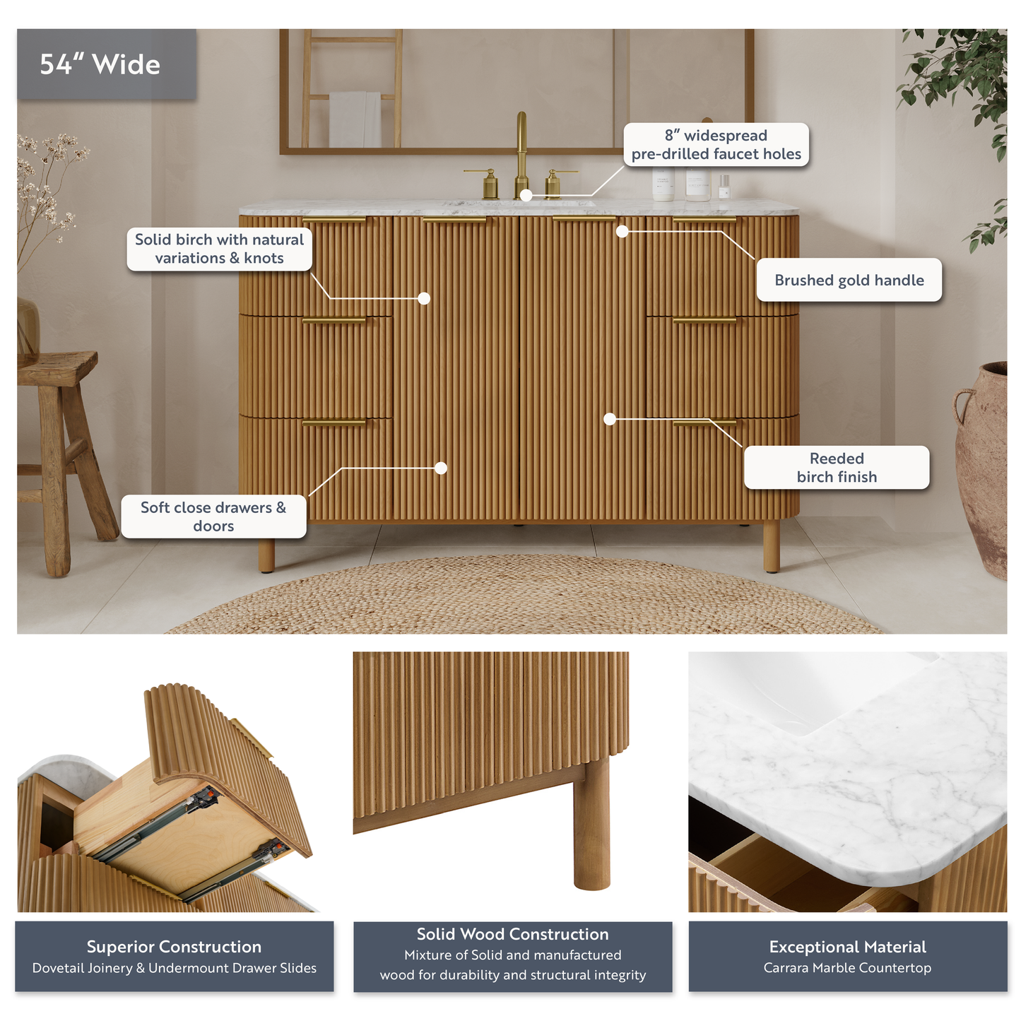 Havana 54" Single Bathroom Vanity in Reeded Birch | Carrara Marble Countertop