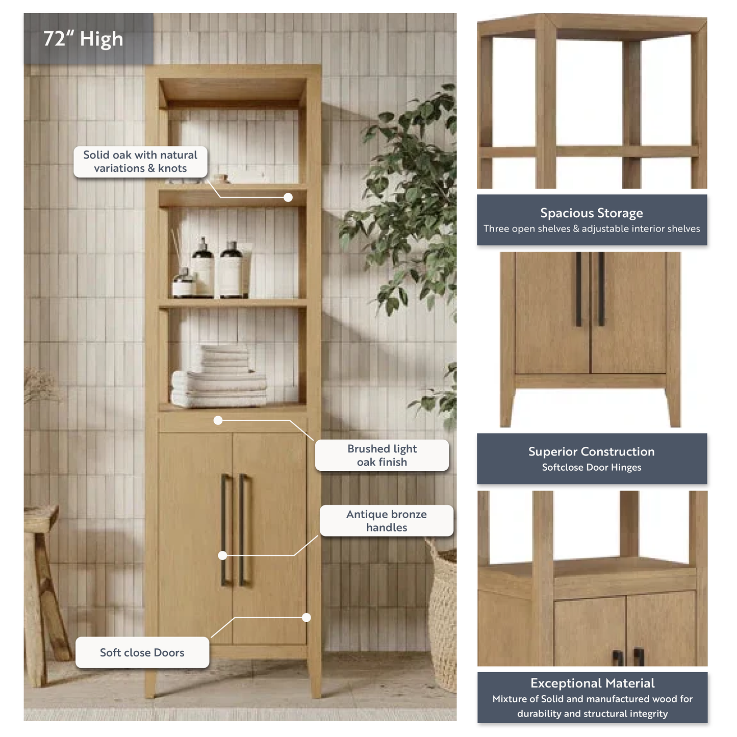Bergen 72" H Linen Cabinet in Wire Brushed Oak