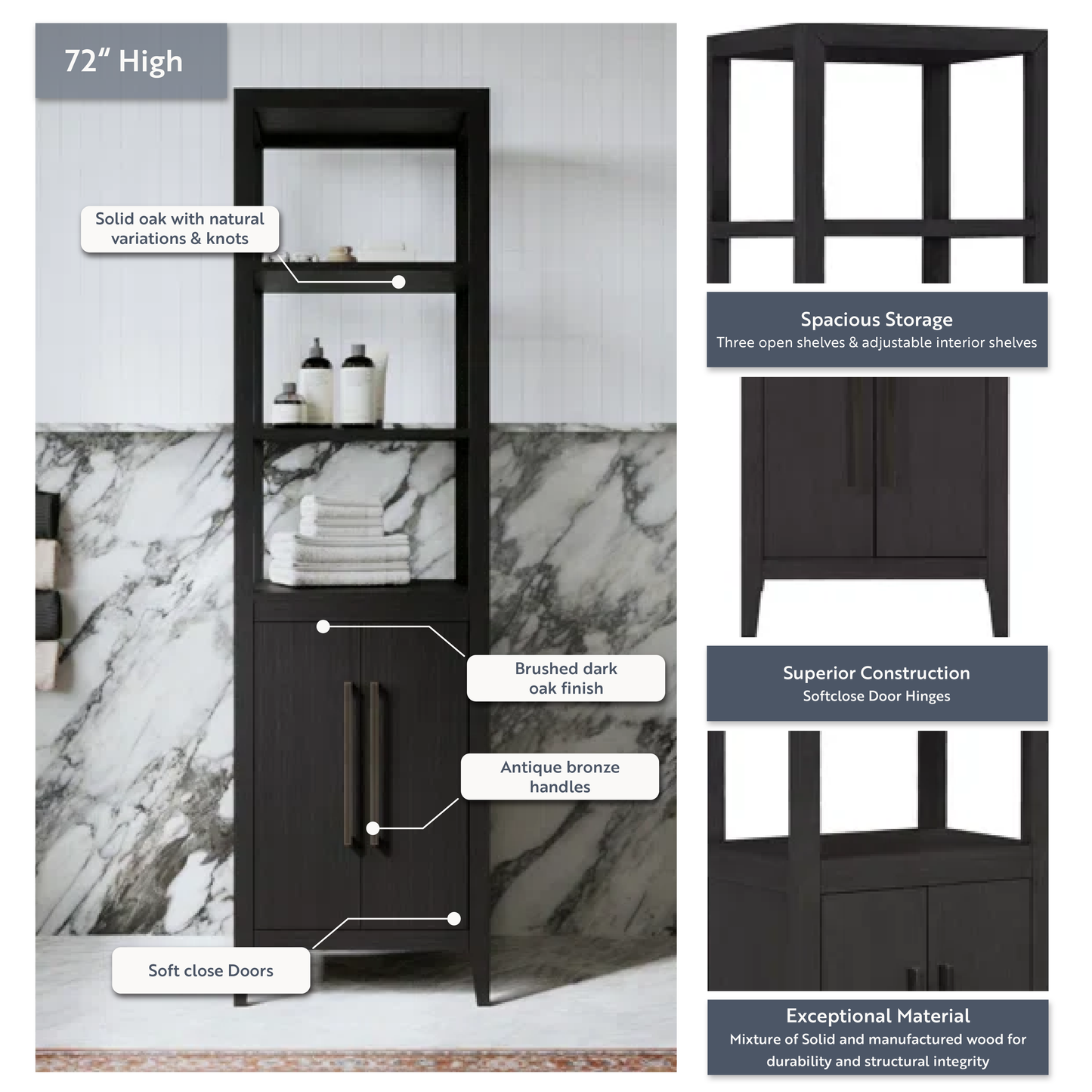 Bergen Solid Wood Freestanding Linen Cabinet In Wire Brushed Dark Oak