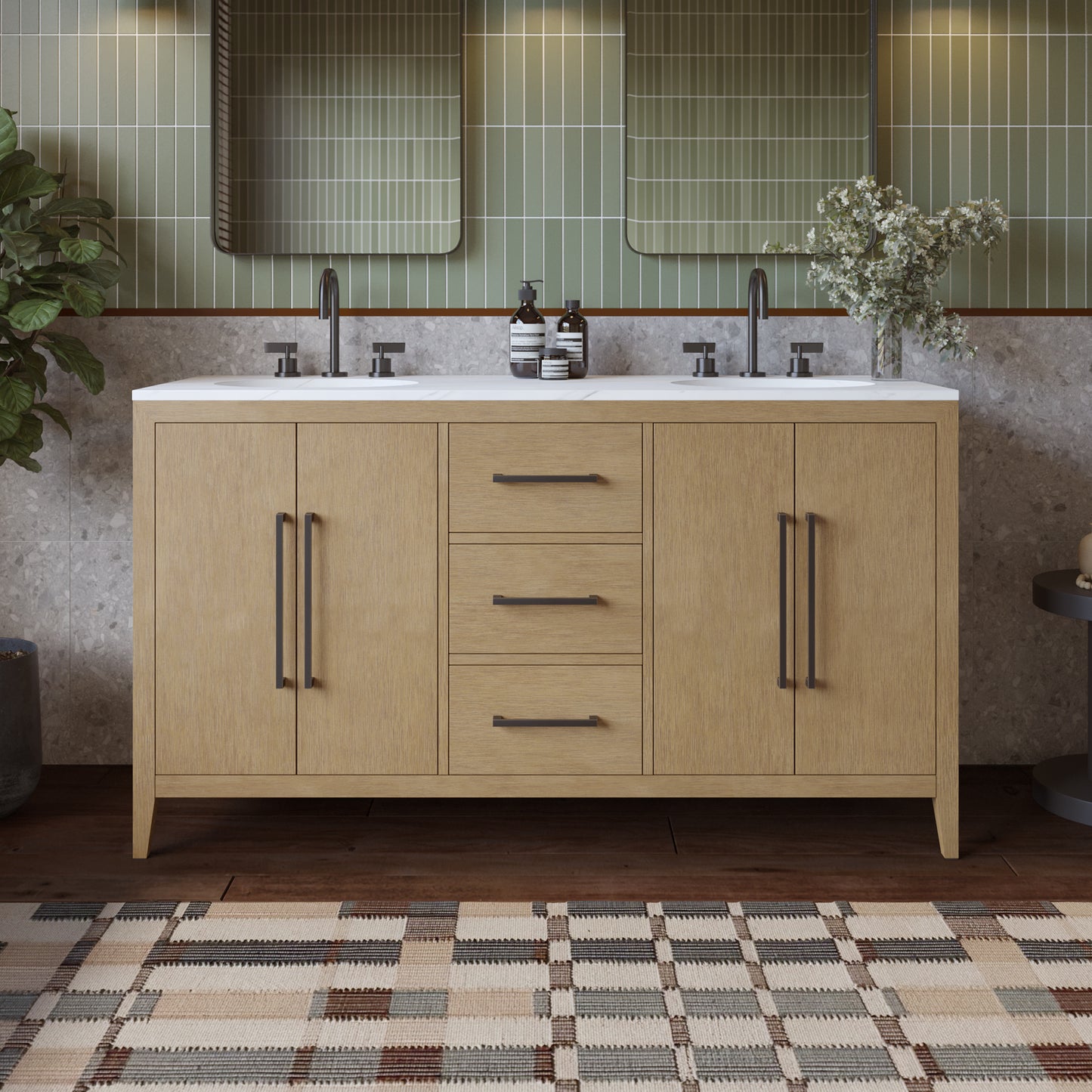 Bergen 60" Double Bathroom Vanity in Wire Brushed Oak | Calacatta Gold Quartz Countertop