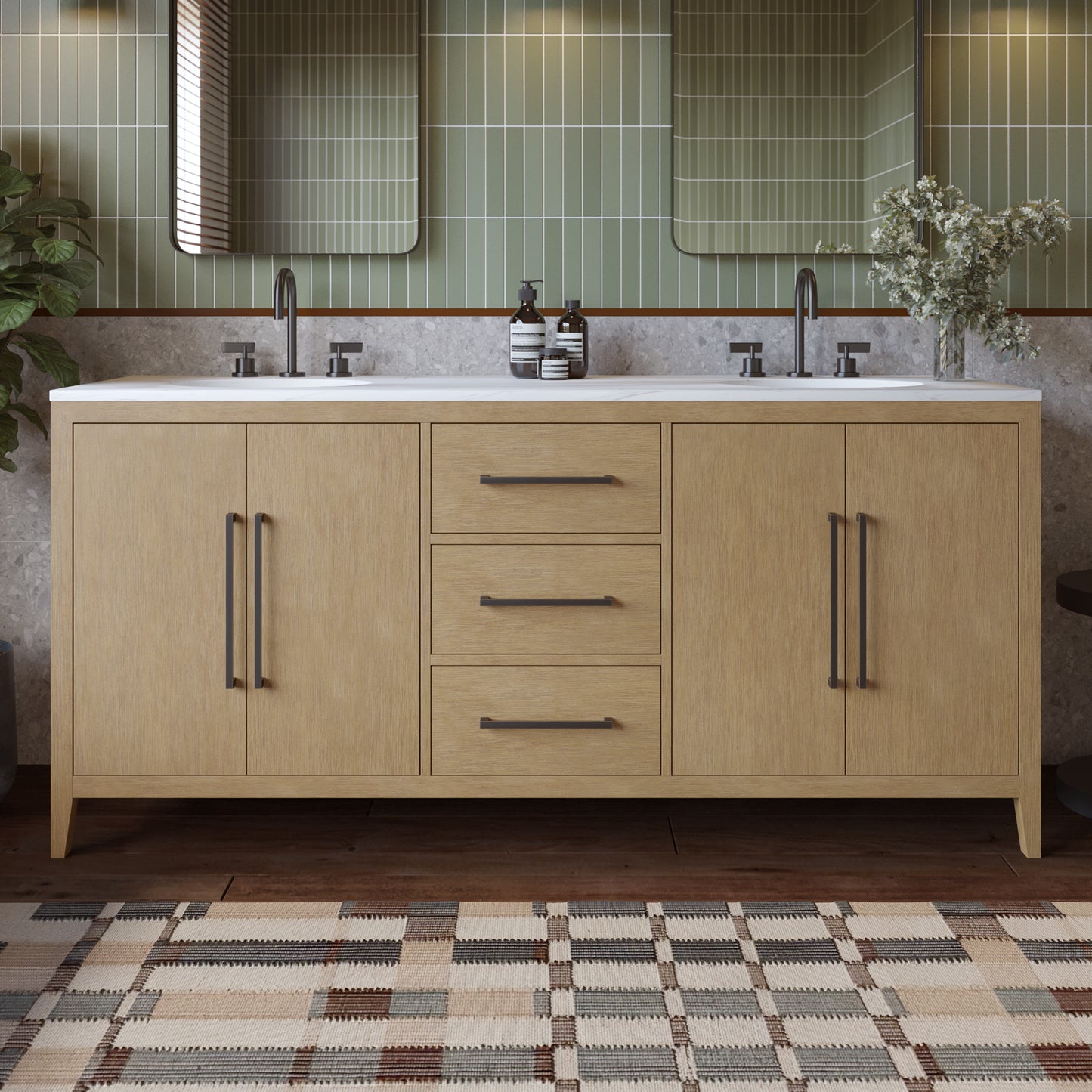 Bergen 72" Double Bathroom Vanity | Brushed Oak | Calacatta Gold Quartz