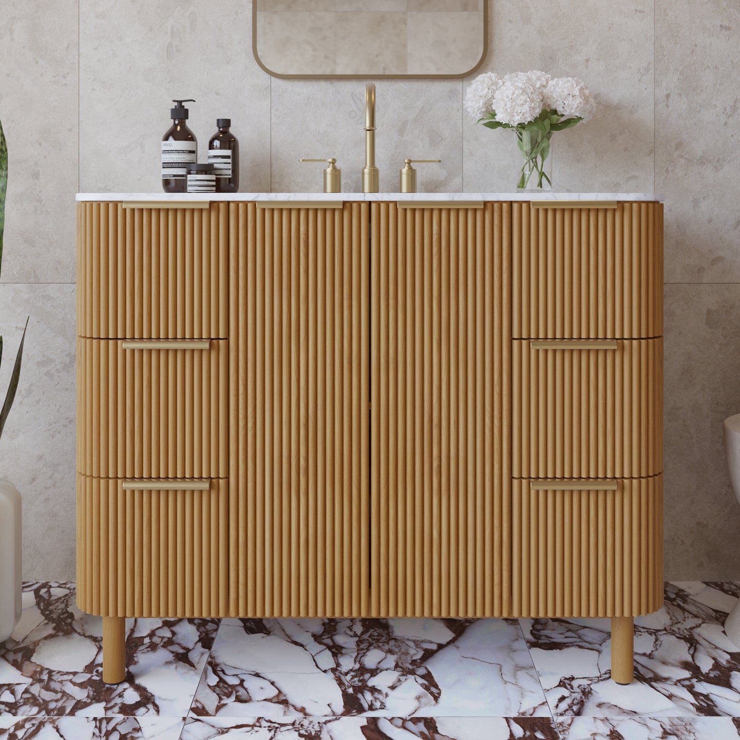 Havana 42" Single Bathroom Vanity in Reeded Birch | Carrara Marble Countertop