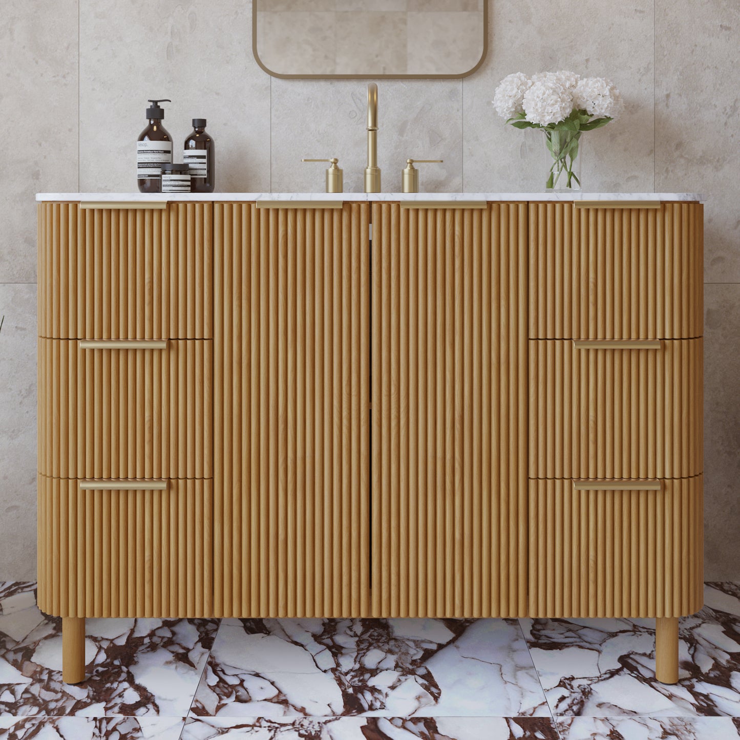 Havana 48" Single Bathroom Vanity in Reeded Birch | Carrara Marble Countertop