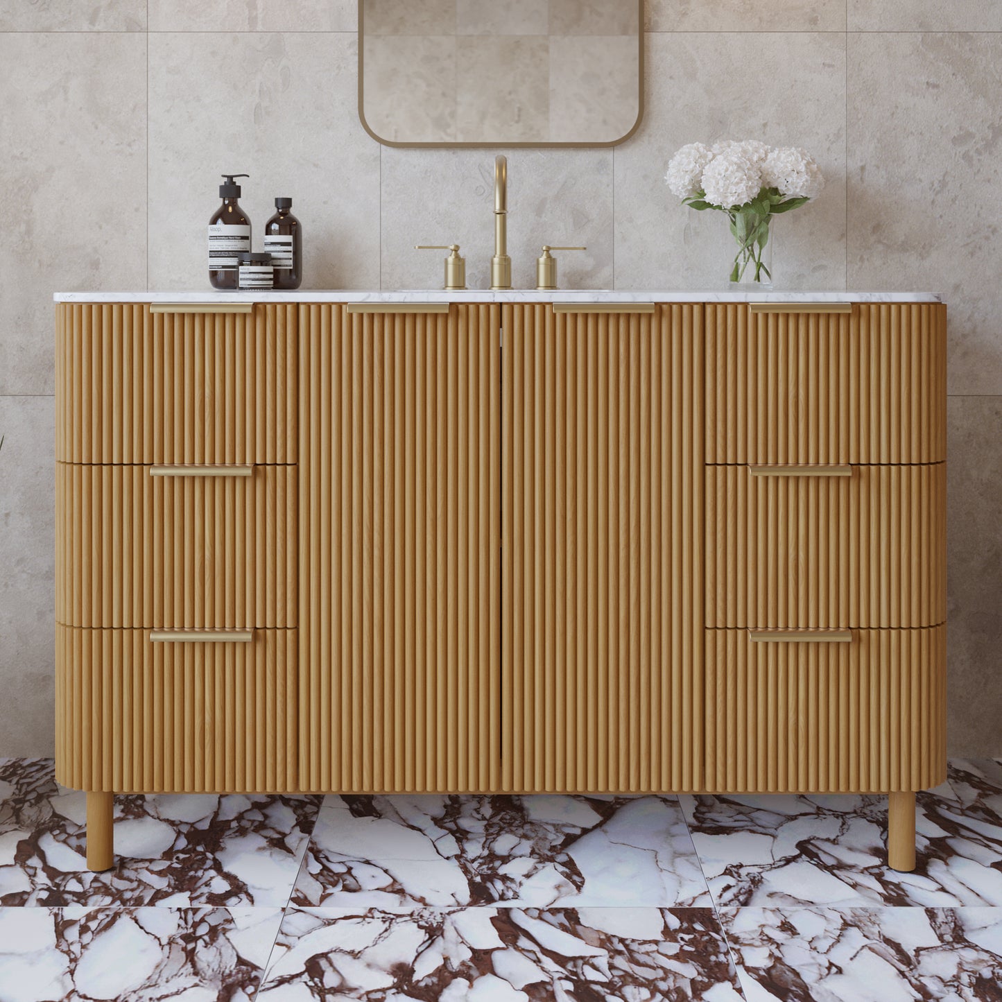 Havana 54" Single Bathroom Vanity in Reeded Birch | Carrara Marble Countertop
